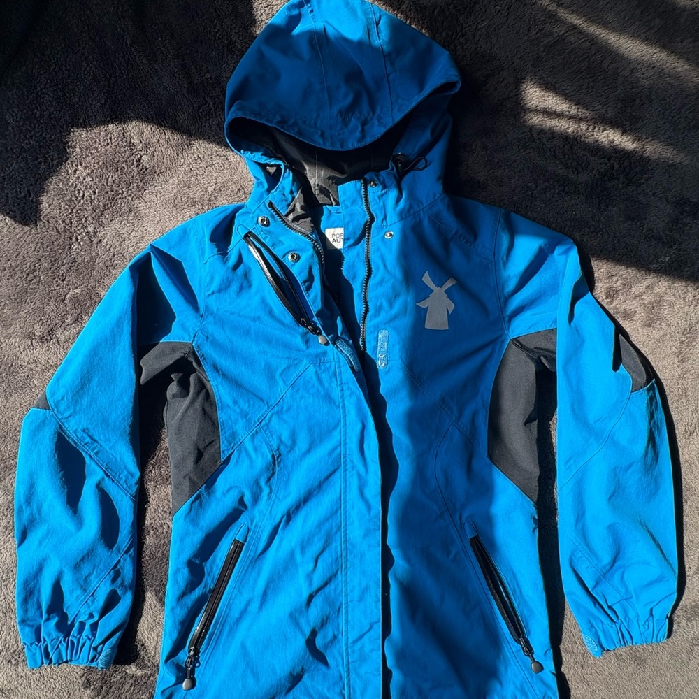 Dutch Bros Vibrant Blue Raincoat with Black Accents